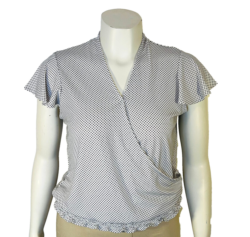 Adrianna Papell Blouse Womens S Wrap Front V-Neck Polka Dot Short Sleeve Smocked